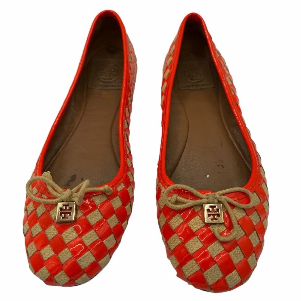 Tory Burch Prescott Basket Weave Orange and Tan Checkered Flats - Size 7.5